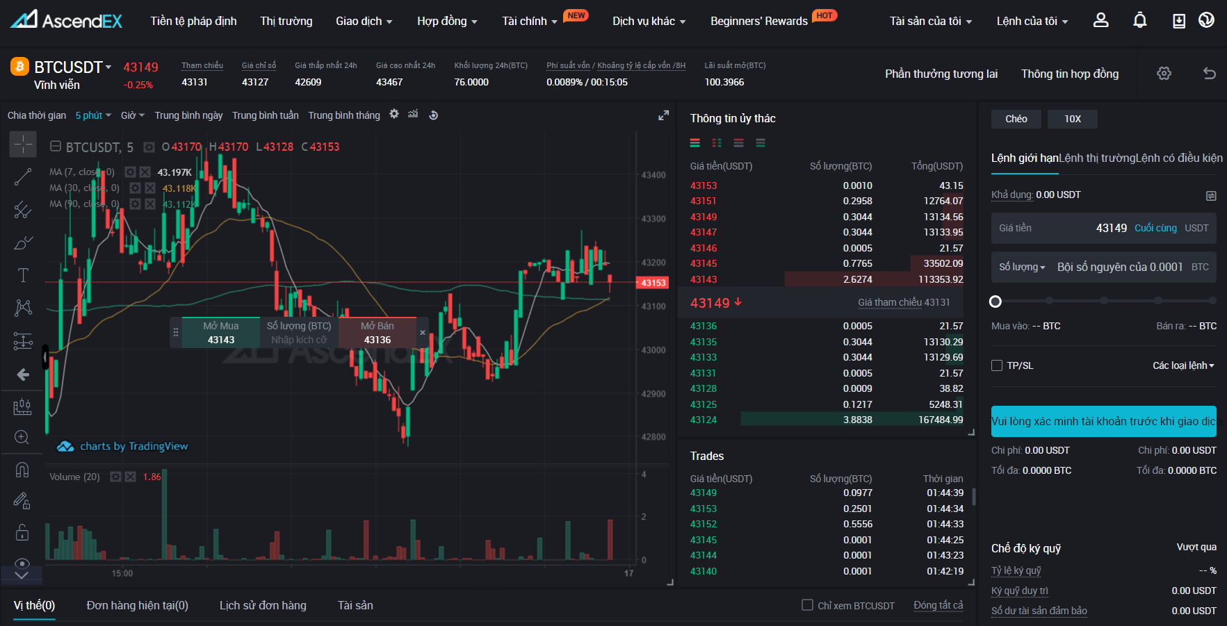 Giao diện giao dịch trao đổi AscendEX Giao diện giao dịch trao đổi AscendEX